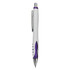 A plastic pen with a white barrel and purple accents, featuring a silver clip and a logo.