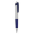 A plastic pen in white and blue featuring a clip and a branding logo.