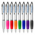 A selection of plastic pens in silver, pink, orange, green, blue, and purple, featuring a logo on each.