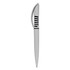 A plastic pen in grey with a sleek design and a logo on the side.
