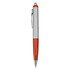 A plastic pen with a silver barrel and an orange grip, featuring a silver clip and a logo.