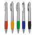 A set of five plastic pens featuring silver bodies and coloured grips in orange, yellow, green, blue, and black.