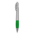 A silver ballpoint pen with a green grip and a retractable mechanism, featuring a branding logo.