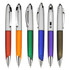 A collection of six plastic pens in red, orange, green, blue, purple, and brown, featuring silver accents and clips.