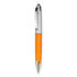 An orange plastic pen with a chrome clip and silver tip, featuring a logo.
