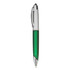 A plastic pen with a green barrel and silver accents, featuring a clip and chrome tip. The pen has a logo on it.