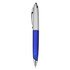 A plastic pen with a blue barrel and silver accents, featuring a clip and a logo.