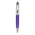 A purple plastic pen with a shiny silver clip and tip, featuring a branded logo.
