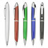 A collection of five plastic pens in silver, brown, green, blue, and black, each with a logo on the barrel.