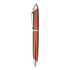 A plastic pen in a rich red and silver design with a sleek, elegant look and a clip for easy attachment.