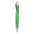 A green plastic pen with chrome accents, featuring a clip and a smooth barrel design.
