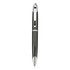 A plastic pen in black with silver accents and a logo on the side.