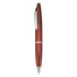 A sleek red plastic pen with silver accents and a clip, featuring a subtle logo on the body.