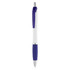 A plastic pen featuring a white body and purple accents, with a textured grip for easy handling. It has a logo.