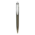 A plastic pen in grey with a silver clip and a smooth finish, featuring a logo on its body.