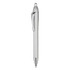 A silver plastic pen with a sleek design and a clip. The pen features a shiny finish and a ballpoint tip.