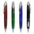 A selection of four plastic pens in red, green, blue, and black, featuring chrome accents and clips.