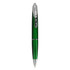 A green plastic pen with a shiny silver clip and accents, featuring a logo on its body.