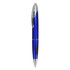 A blue plastic pen with a silver clip and accents, featuring a grip for comfort. It includes a logo on its surface.