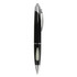 A black plastic pen with chrome accents and a clip, featuring a smooth and sleek design. It has a logo displayed.