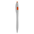 A plastic pen in white with orange accents and a logo.
