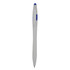 A plastic pen with a sleek grey body and a blue tip, featuring a logo on its side.