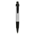 A plastic pen in white and black with a textured grip and clip, featuring a logo.
