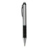 A plastic pen in silver and black featuring a textured grip and a clip, with decorative embellishments.