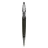 A black plastic pen with a clear cap and metallic accents. It features a logo on the barrel.