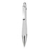 A white plastic pen with a shiny silver clip and trim. The pen has a sleek, modern design and features a branding logo.