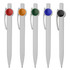 A collection of five plastic pens in white with coloured accents: red, orange, green, blue, and black. Each has a logo.