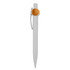 A plastic pen in white with a circular orange accent and a clip, featuring a branding logo.