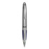 A plastic pen in silver with navy grip accents, featuring a clip and a logo.