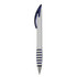 A plastic pen featuring a white barrel with blue accents and a grip, along with a branded logo.