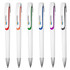 A collection of six white plastic pens with coloured accents: orange, green, blue, purple, and black. Each pen has a logo.