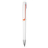 A sleek white plastic pen with an orange accent and a metallic tip, featuring a clip and smooth design.