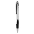 A plastic pen in white with black accents, featuring a clip and a smooth writing tip.