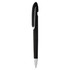 A black plastic pen with a sleek design and a silver clip. It features a logo on its surface.