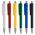 A range of plastic pens in white, red, yellow, green, blue, and black, each featuring a silver clip and tip.
