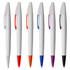 A set of six plastic pens featuring white bodies and coloured accents in red, orange, blue, purple, and black.