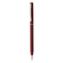 A burgundy plastic pen with a shiny silver clip and detailing, featuring a logo.