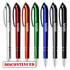 A set of metallic plastic pens in silver, red, green, blue, and black, featuring a logo on each.