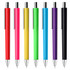 A collection of plastic pens in red, pink, green, yellow, and black, featuring a silver clip and tip, with a logo.