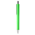 A plastic pen in bright green with a silver clip and a chrome tip. Features a branding logo.