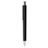 A black plastic pen with a silver clip and metallic tip, featuring a logo on its side.