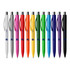 A collection of plastic pens in white, grey, red, orange, yellow, green, blue, and purple, featuring a logo.
