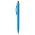 A blue plastic pen with a silver clip, featuring a sleek design and a branding logo.
