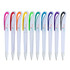 A collection of ten plastic pens in various colours with a decorative grip and a branding logo on each pen.