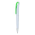 A plastic pen in white with a green clip and silver tip, featuring a logo on the body.