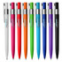 A collection of plastic pens in colours including white, pink, red, orange, green, blue, purple, and black, featuring logos.